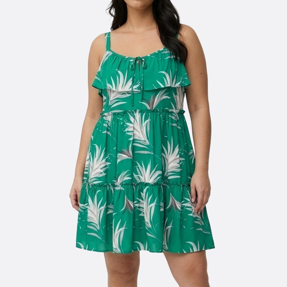 Taylor Empire Waist Mini Dress Green Tropical Palm Print Tiered Ruffle Size 0X L